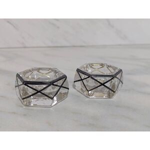 Fostoria Glass Vintage Crystal (2) Open Salt With Silver Criss Cross Design 1915